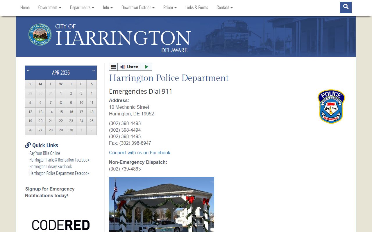 Harrington Police Department page for city booking reports