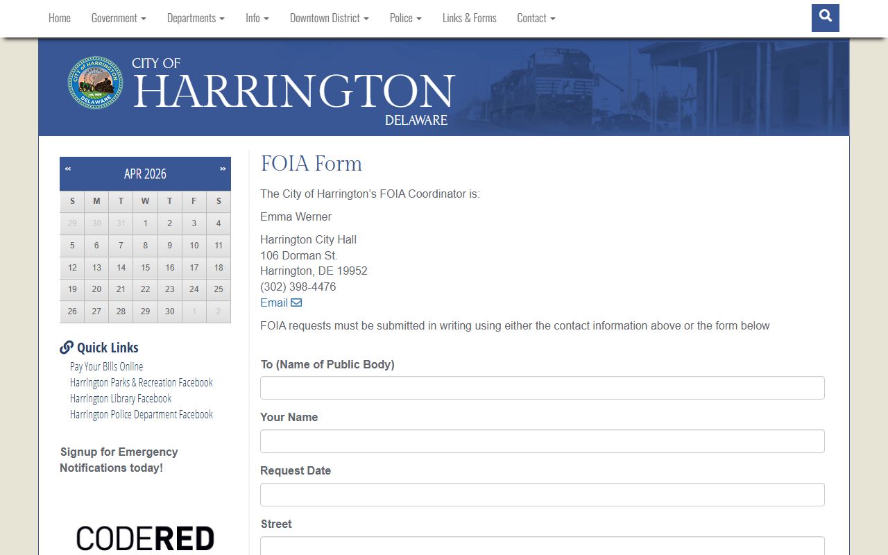 Harrington FOIA request page for booking reports access