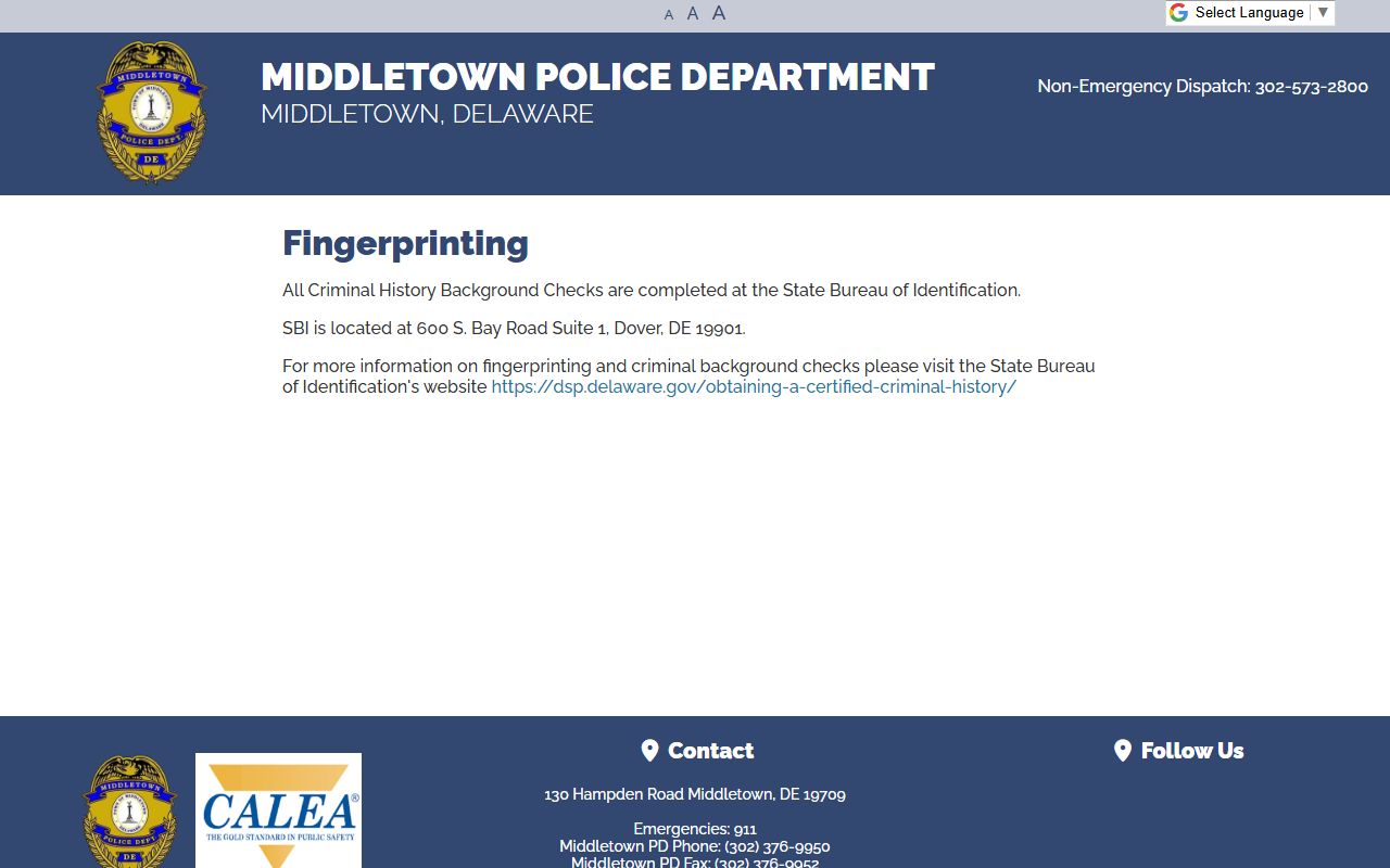 Middletown fingerprinting info page for booking reports
