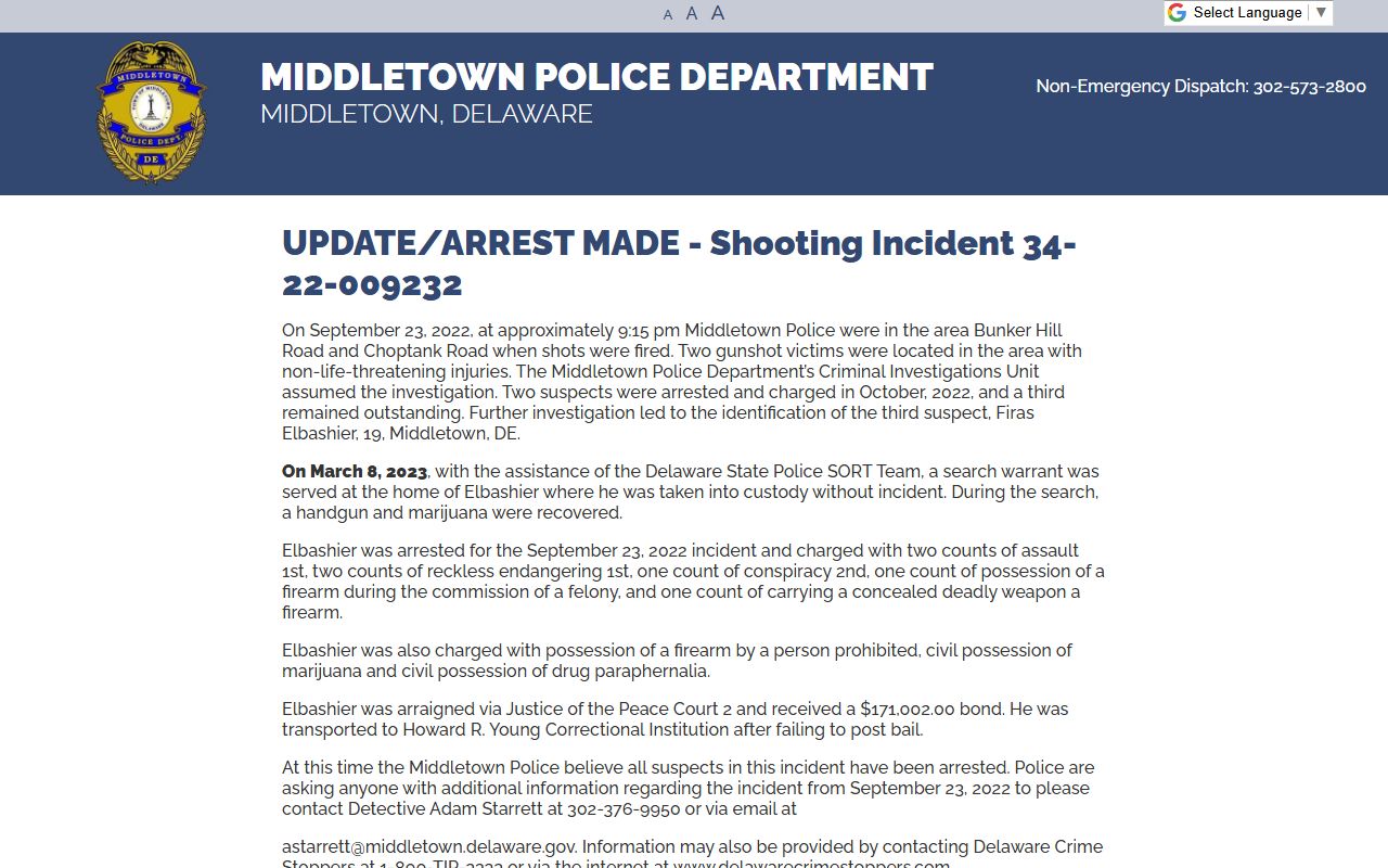 Middletown arrest update post for a recent booking report