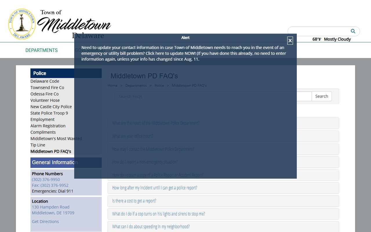 Middletown PD FAQs page for booking reports and calls