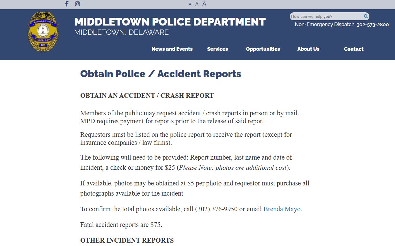 Middletown Police Reports page fee list for booking reports