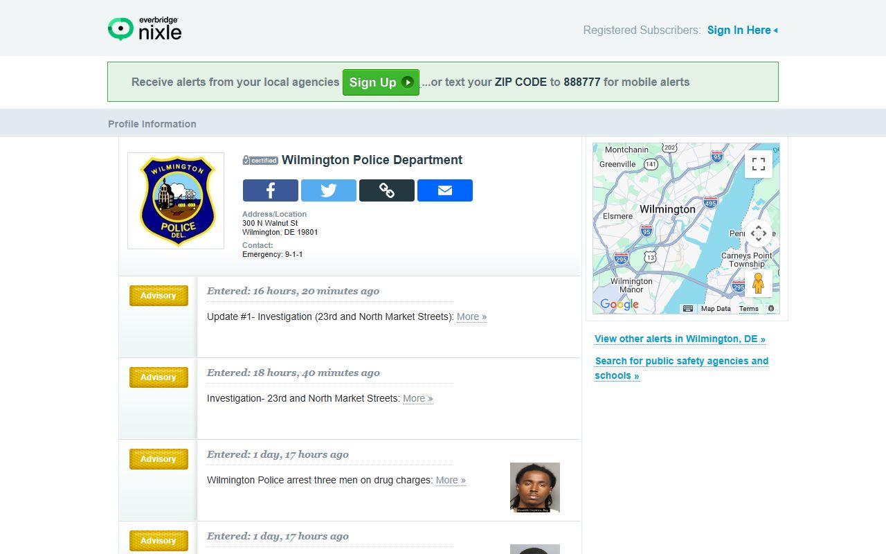 Wilmington Police Department Nixle alerts page for Wilmington booking reports