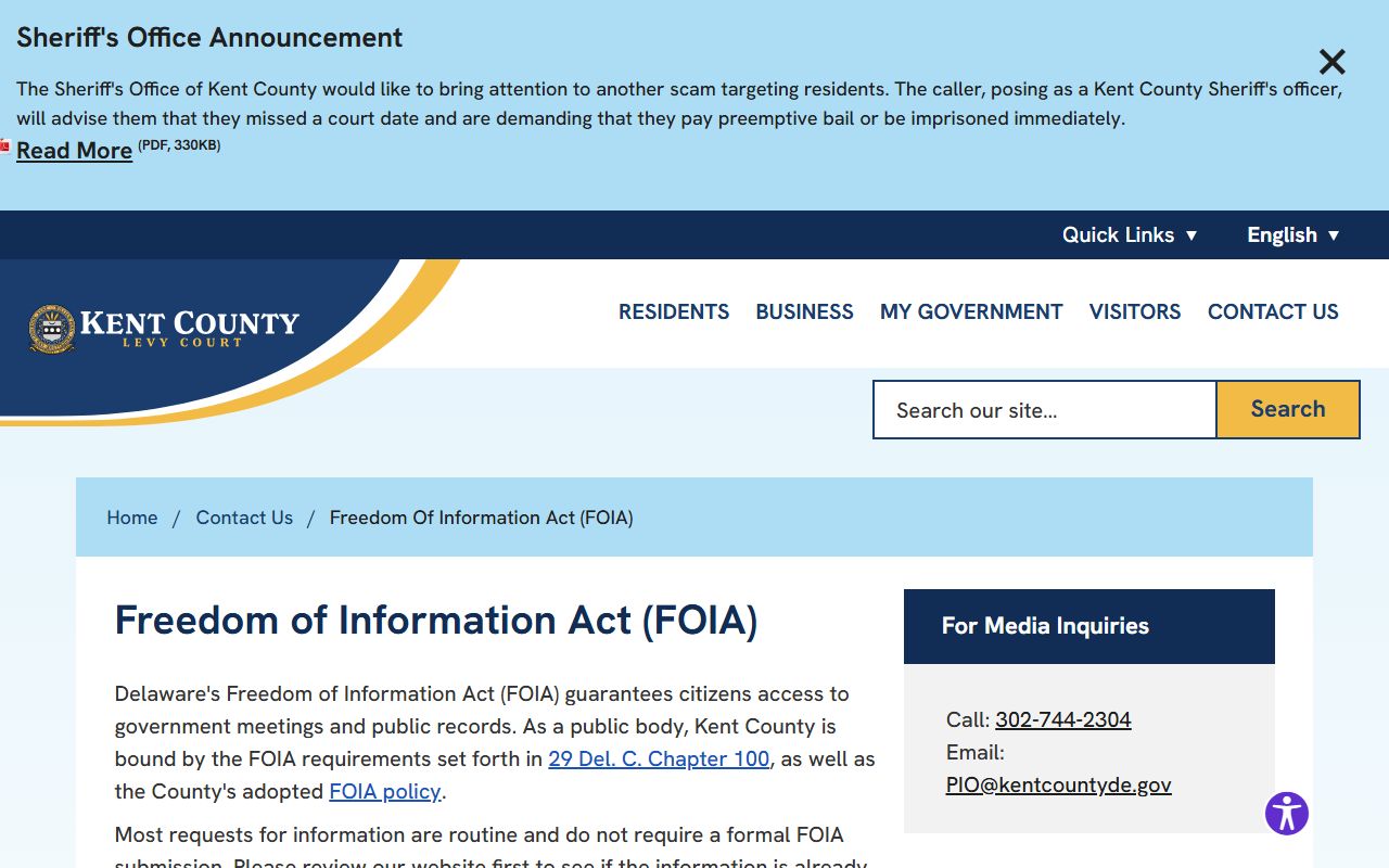 Kent County FOIA request page for Kent County booking reports