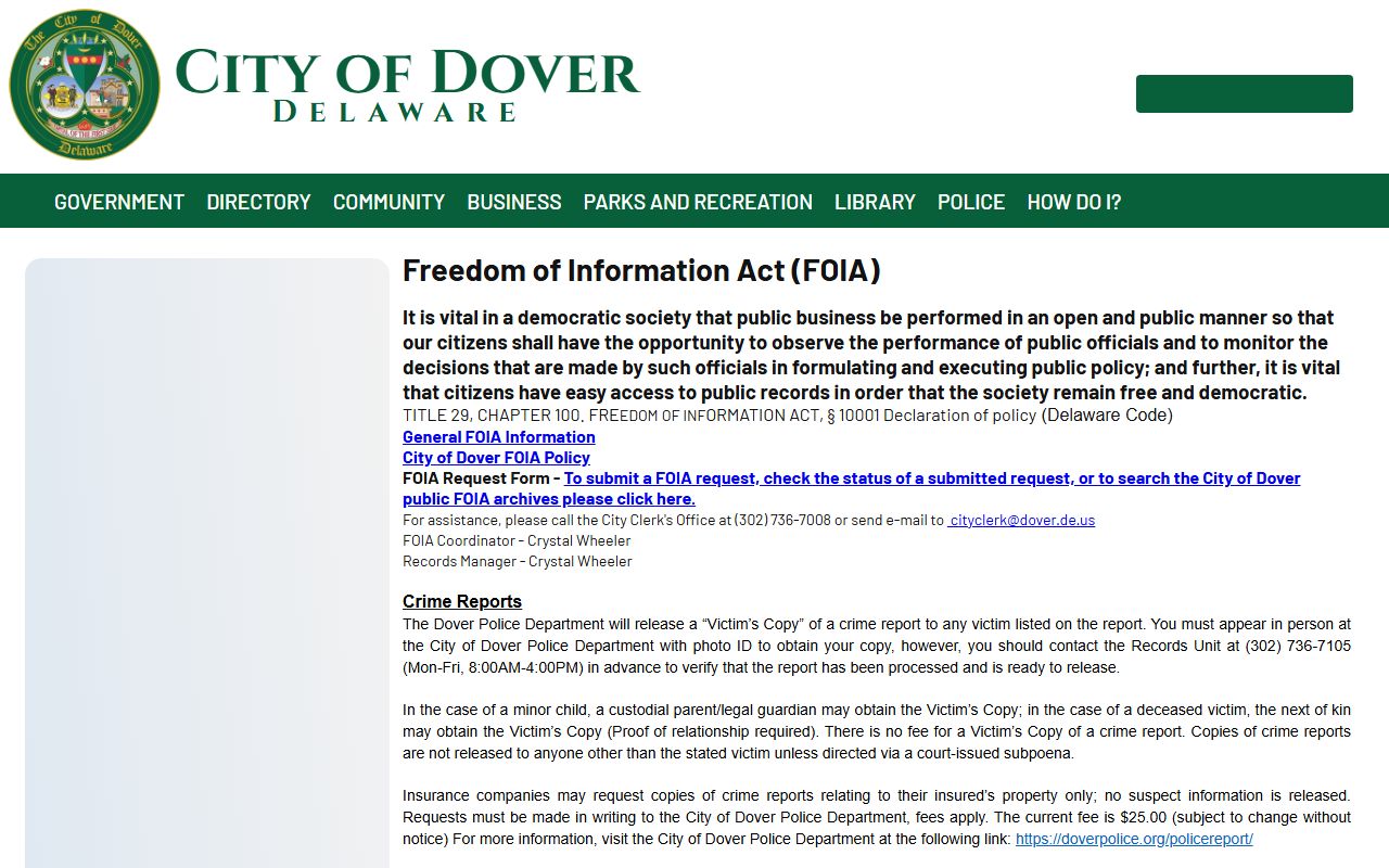 City of Dover FOIA page for Kent County booking reports