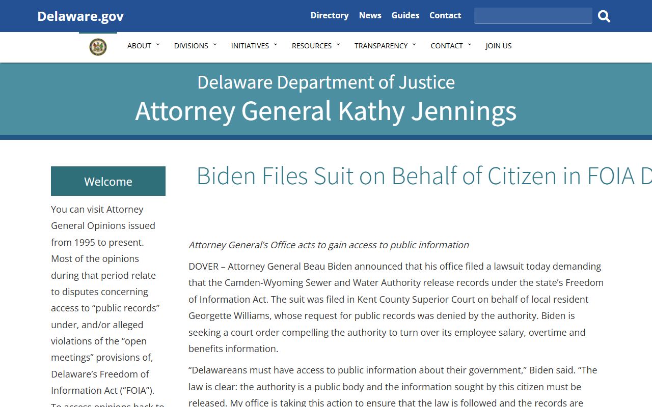 Delaware Attorney General FOIA information page for booking reports