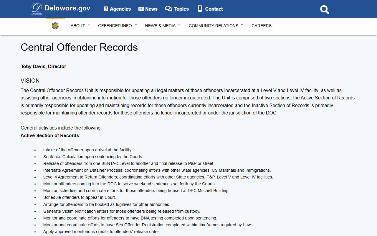 Delaware Central Offender Records unit page for booking reports