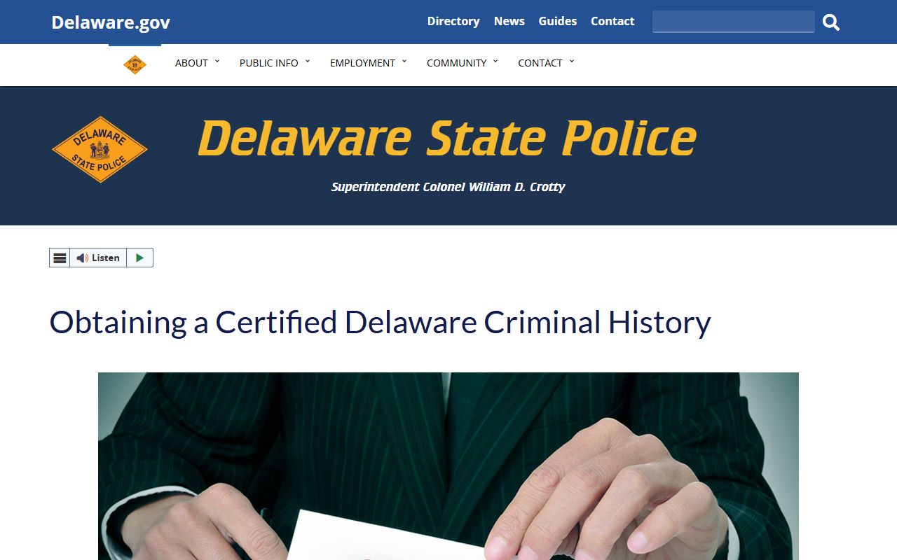 Delaware certified criminal history background check page