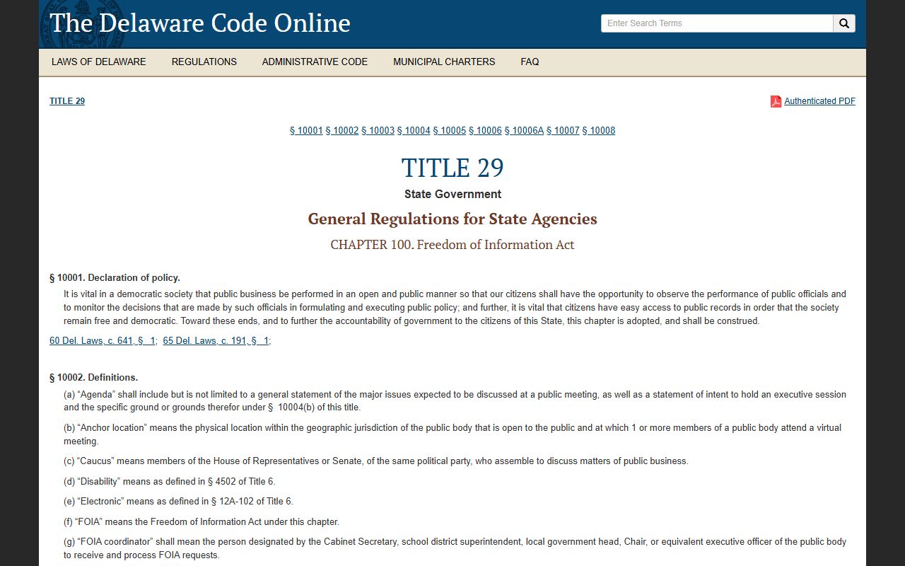 Delaware FOIA statute Title 29 Chapter 100 page
