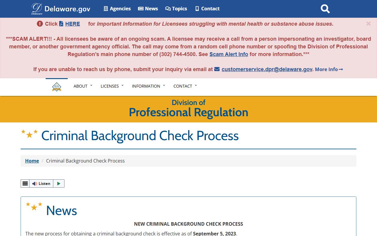 Delaware Division of Professional Regulation criminal background check page