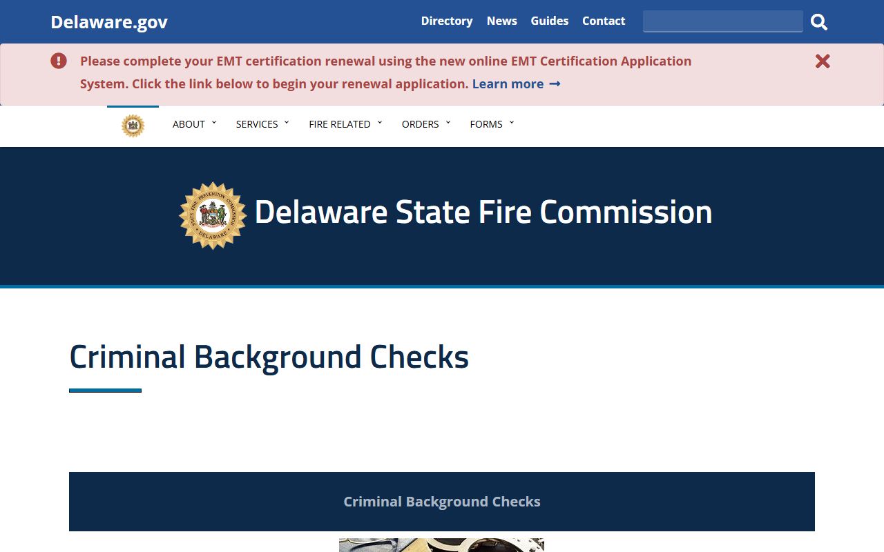 Delaware State Fire Commission background checks page