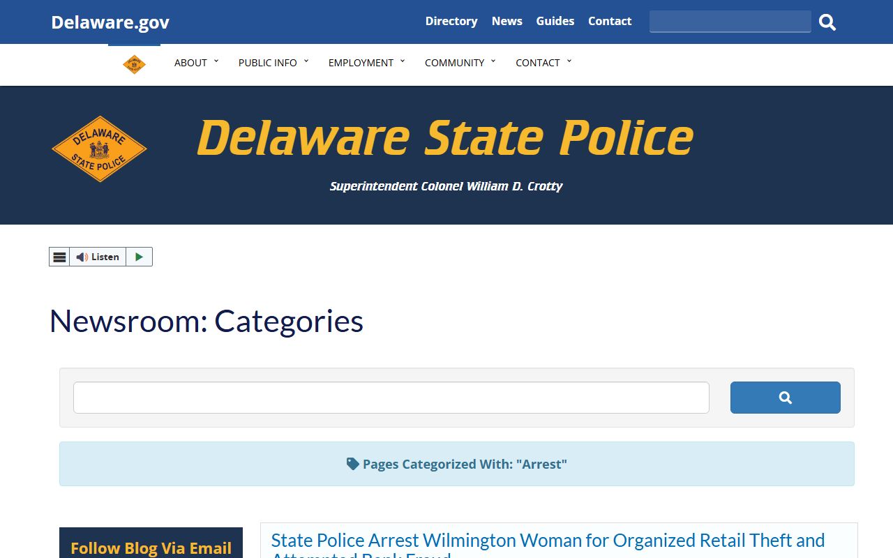 Delaware State Police Arrest Archives page for booking reports