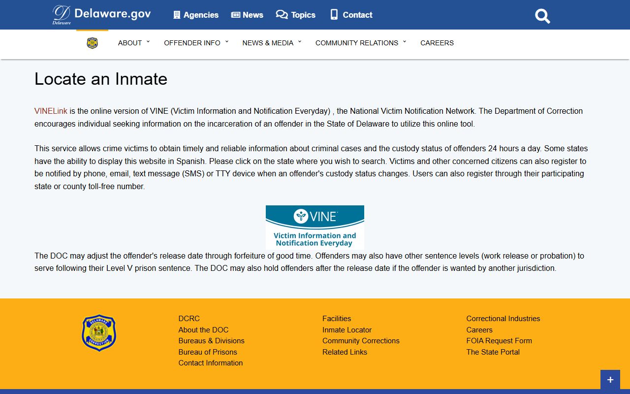 Delaware VINE inmate locator for booking reports